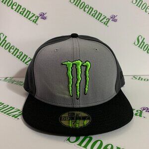 Monster Energy New Era 59Fifty Hat Logo Flat Brim Fitted Cap Gray Black 7 1/8